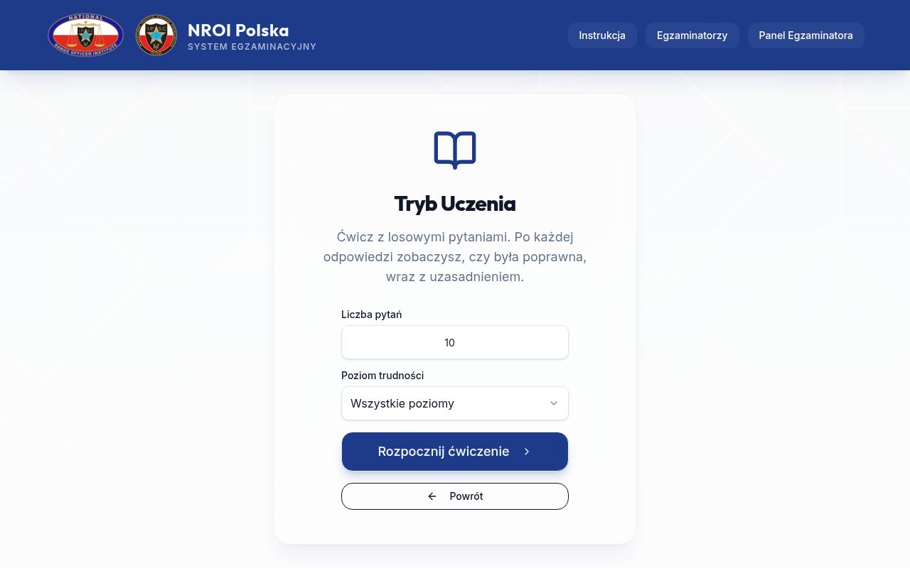 Tryb Nauki — konfiguracja sesji ćwiczeniowej (liczba pytań, poziom)